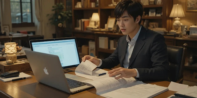 주민등록 서류를 비교하며 확인하는 모습 온라인 서류와 출력물을 비교하는 모습