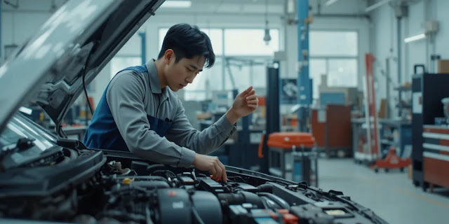 배터리 터미널 접촉 불량 여부를 확인하는 모습 보닛을 열고 단자의 이물질과 고정 상태를 보는 모습