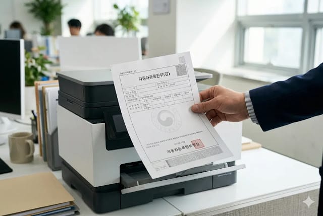 자동차등록원부 발급 방법 출력 완료 모습 인쇄기에서 나온 서류를 확인하기 위해 들어 올리는 모습
