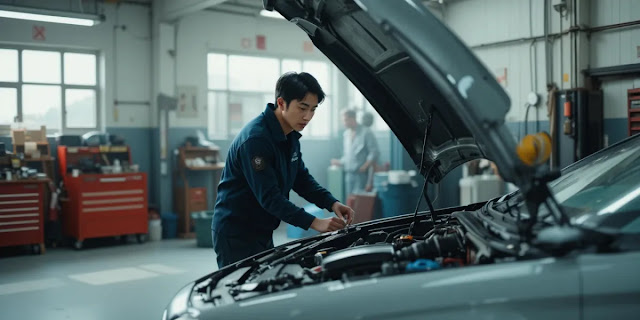 자동차 배터리 수명 확인을 위해 보닛을 연 모습 보닛을 열고 차량 내부 엔진 상태를 확인하는 모습