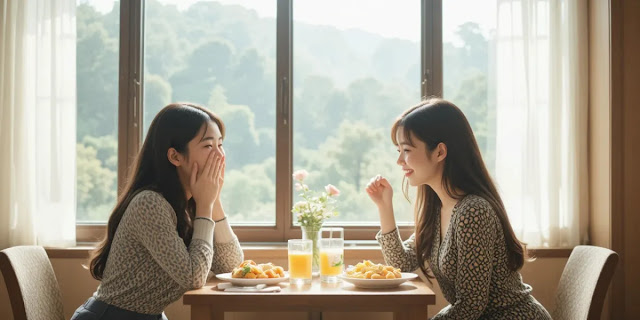 친밀하게 일상 이야기를 나누는 모습 카페에서 즐겁게 대화하며 비밀을 공유하는 모습