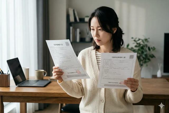 자동차등록원부 갑 을 차이 확인하는 모습 출력된 갑부와 을부 서류의 내용을 서로 대조하는 모습