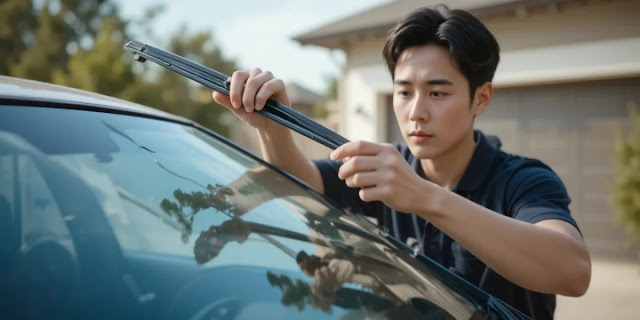 자동차 와이퍼 교체 방법에 따라 기존 와이퍼를 탈거하는 모습 자동차 와이퍼 셀프 교체를 위해 기존 와이퍼를 분리하는 모습