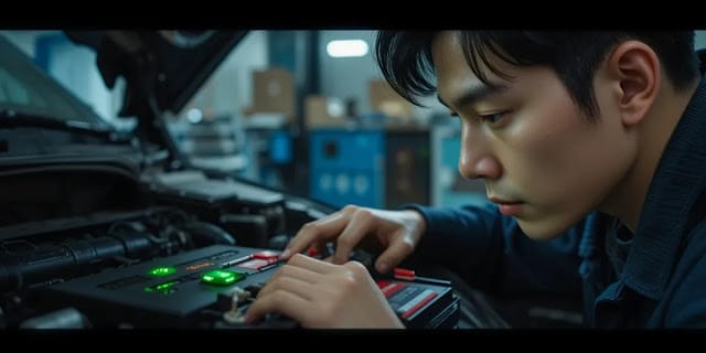 자동차 배터리 교체 시기 자가 진단하는 모습 배터리 상태 표시창의 색깔을 직접 확인하는 모습