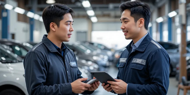 차량 점검 결과를 듣고 정비 계획을 세우는 모습 정비소에서 상담원과 함께 점검 리스트를 확인하는 모습