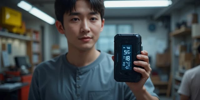 자동차 점프 스타터 사용법 숙지를 위해 기기를 보는 모습 한 손에 쏙 들어오는 휴대용 점프 스타터를 살피는 모습