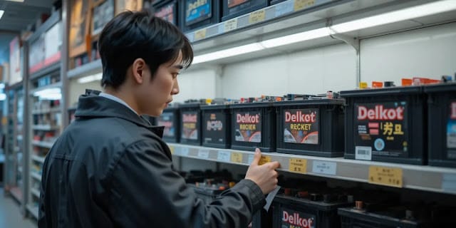 브랜드별 자동차 배터리 가격을 비교하는 모습 매장에 진열된 다양한 브랜드의 차량 배터리 모습