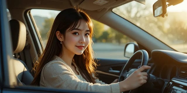 장기주차 시동 문제가 해결 완료된 모습 시동이 걸린 후 정상 작동하는 계기판을 보는 여성 운전자의 모습