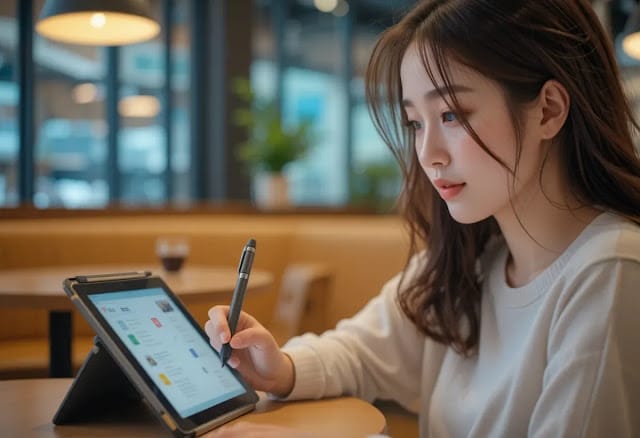 저장한 자동차등록원부 서류를 검토하는 장면 카페에서 태블릿으로 내려받은 서류 파일을 검토하는 모습