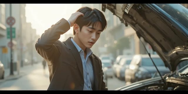 자동차 배터리 방전 원인 파악이 필요한 상황의 모습 보닛을 열고 시동 불량 상황에 당황해하는 모습