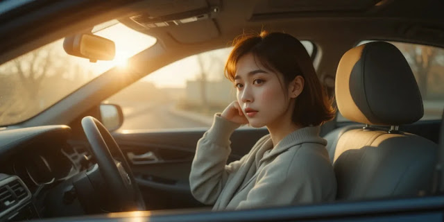 주행 중 발생하는 소음의 위치를 파악하는 모습 운전석에 앉아 대시보드 쪽 소리에 귀를 기울이는 모습