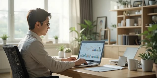 다이렉트 가입 전 가격을 비교하는 모습 노트북으로 다양한 보험 상품을 꼼꼼하게 비교하는 모습