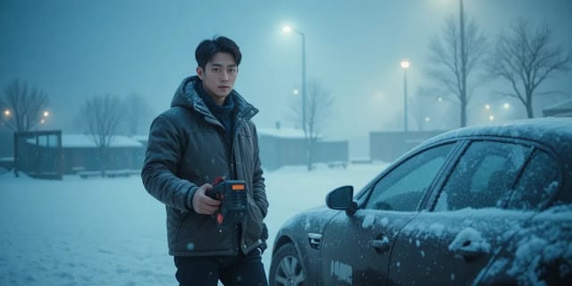 겨울철 자동차 배터리 방전으로 점프 스타터 연결 준비를 하는 모습 눈 쌓인 차 옆에서 비상용 기기를 들고 있는 남성의 모습