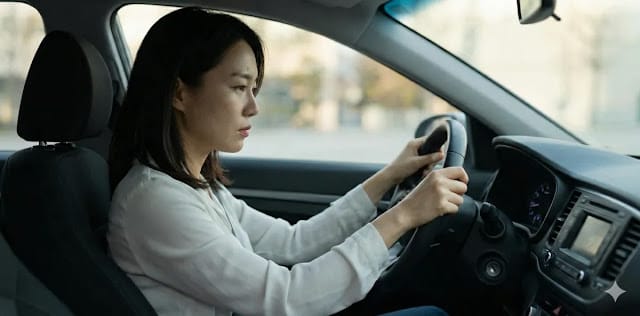 자동차 배터리 방전 원인 생각하는 모습 배터리 방전으로 시동이 걸리지 않아 걱정하는 모습