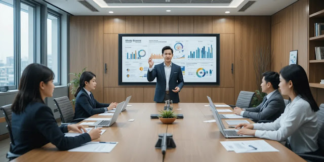 과한 정보가 담긴 보고를 하는 모습 회의실에서 복잡한 자료를 설명하고 있는 모습
