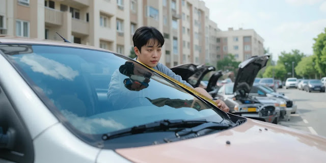 차량에 맞는 자동차 와이퍼 사이즈를 측정하고 규격을 확인하는 모습 자동차 와이퍼 교체 전 차량에 맞는 와이퍼 사이즈를 확인하는 모습