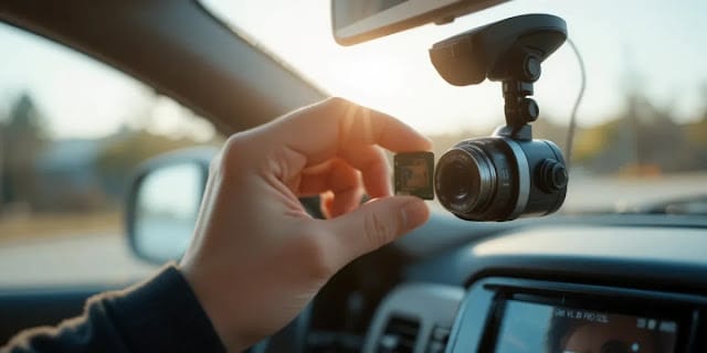 블랙박스 메모리를 관리하는 모습 기기 옆면 슬롯에 메모리 카드를 삽입하는 모습