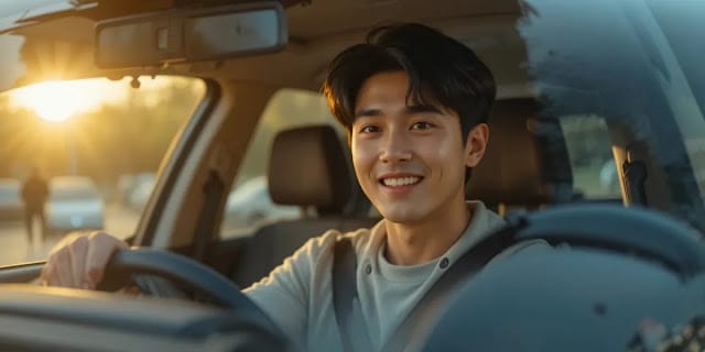 자동차 배터리 수명 연장 후 시동 성공하는 모습 정비를 마치고 안정적으로 시동 버튼을 누르는 모습