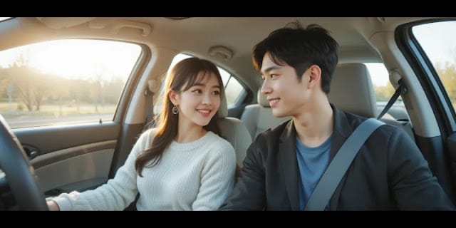 운전자 범위를 지정하여 비용을 줄이는 모습 차 안에서 안전한 운행을 다짐하며 대화하는 커플의 모습