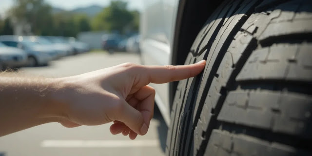 타이어 마모도를 직접 체크하는 모습 손가락으로 타이 홈 안의 마모 한계선을 가리키는 모습
