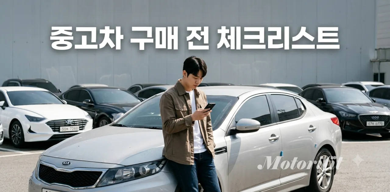 마음에 드는 중고차 구매 전 체크리스트 항목을 꼼꼼하게 살피는 남성