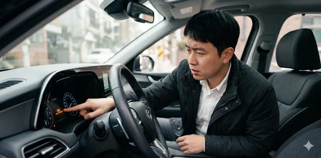 자동차 운전석에 앉아 계기판의 주황색 ISG 경고등을 손가락으로 가리키며 당황해하는 모습