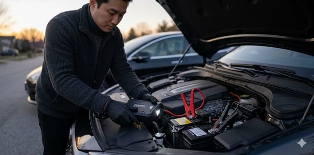 보닛을 열고 휴대용 점프 스타터를 단자에 연결하는 모습