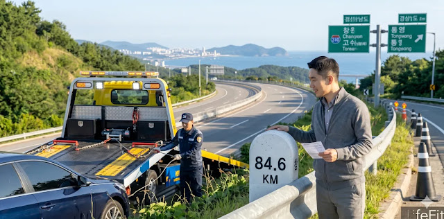 고속도로 무료 견인 조건을 확인하고 안전지대로 차량을 옮기는 모습