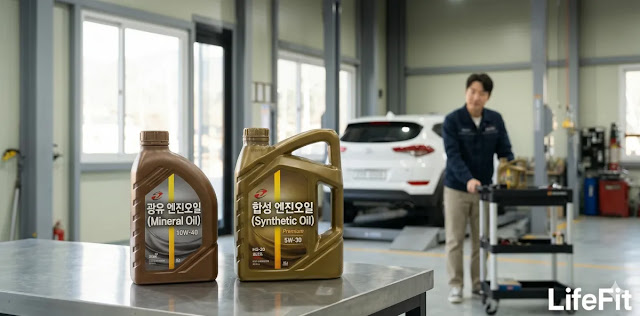 엔진 고장을 막기 위해 일관된 오일 종류를 선택하는 모습 노후차 관리를 위해 광유와 합성유 혼용을 주의하는 모습