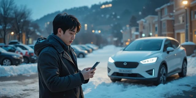 눈 덮인 야외 주차장에서 방전된 전기차를 보며 당황하는 모습