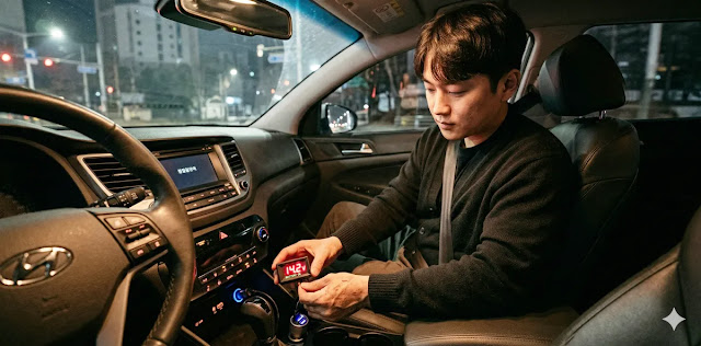 차량용 전압계로 실시간 배터리 수치를 체크하는 모습