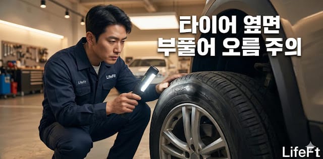 정확한 진단을 위해 전문가가 타이어 옆면 상처를 정밀 점검하는 모습 전문가가 정밀 조명을 활용해 타이어 옆면 상처 부위를 살피는 모습