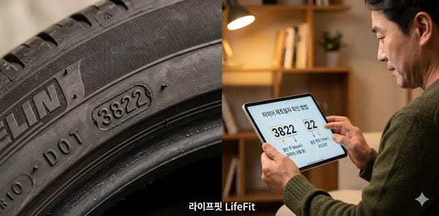 해석 방식에 따라 타이어 생산 주차와 연도를 읽는 모습 태블릿 도표와 타이어의 4자리 숫자를 대조하며 해석하는 모습