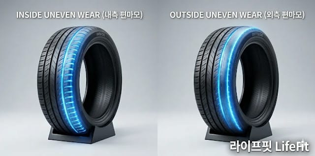잘못된 정렬로 인한 타이어의 이상 마모를 분석하는 모습 타이어 편마모 원인 해결 위한 이상 마도를 분석하 모습