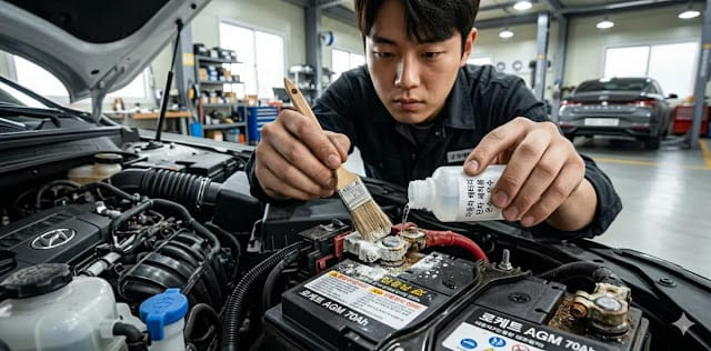 배터리 단자에 쌓인 하얀 황산가루를 브러시로 깨끗하게 닦아내는 모습