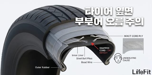 안전을 위해 타이어 사이드월 파손 원인인 내부 구조를 확인하는 모습 내부 코드가 끊어져 타이어 사이드월 파손 현상이 일어나는 모습