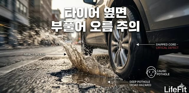 포트홀을 지나며 타이어 옆면에 강한 충격이 가해지는 위험한 모습 포트홀 충격으로 인해 타이어 옆면 부풀어 오름 원인이 생기는 모습