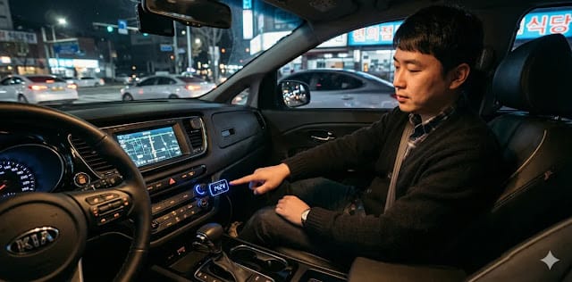 시가잭에서 실시간 배터리 전압을 체크하는 모습 시가잭에 연결된 LED 전압계의 파란색 숫자를 손가락으로 가리키며 체크하는 모습