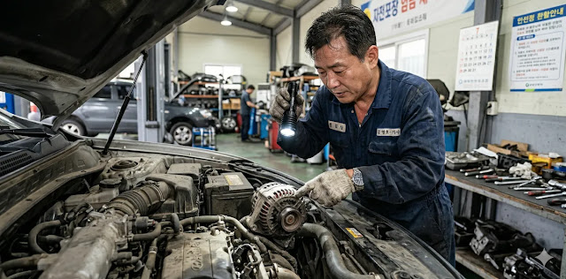 손전등을 비추며 엔진룸 안의 발전기 상태를 살피는 모습