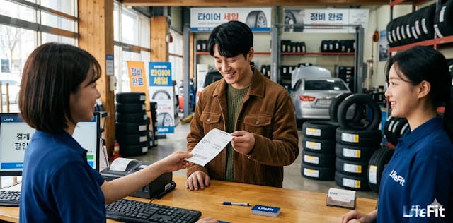 성공적인 정비를 위해 타이어 교체비용 절약 꿀팁을 실천한 모습 타이어 교체비용 절약 방법 적용 후 최종 결제 금액에 만족하는 모습