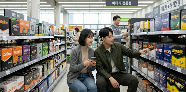 실제 배터리 매장에서 브랜드를 선택하는 모습 대형 자동차 용품 매장에서 최적의 배터리를 고르는 부부의 모습