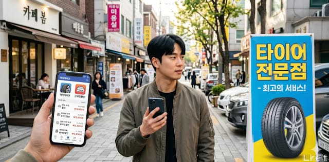 지출을 줄이기 위해 온오프라인 타이어 가격을 대조하는 모습 타이어 교체비용 절약 방법으로 온라인과 매장 가격을 비교하는 모습