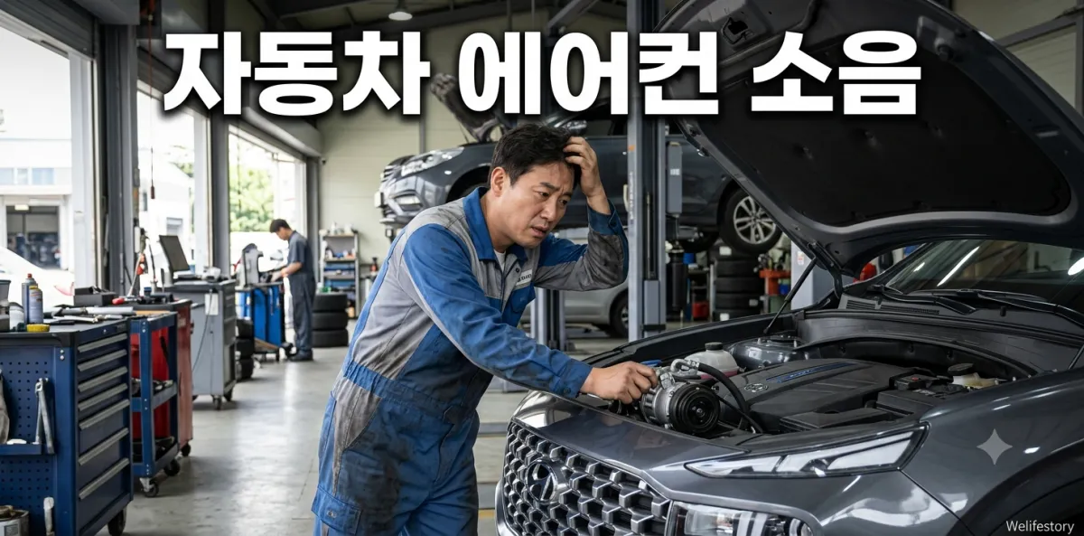 자동차 에어컨 소음 발생으로 보닛을 열고 심각하게 원인을 살피는 정비사 모습