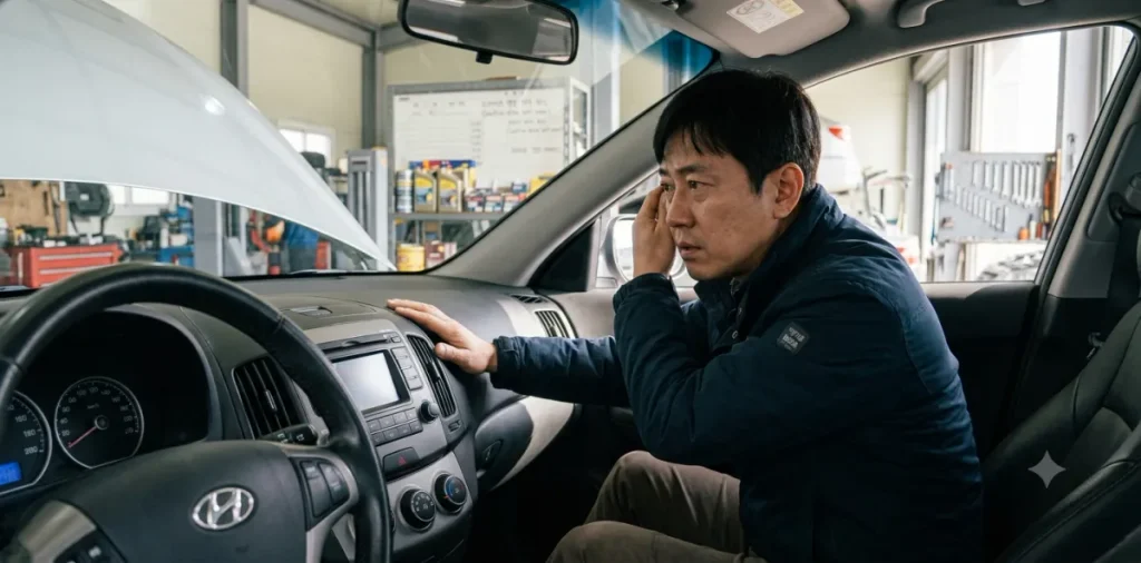 자동차 에어컨 소음 유발 원인을 찾기 위해 대시보드 안쪽 소리에 귀 기울이는 모습