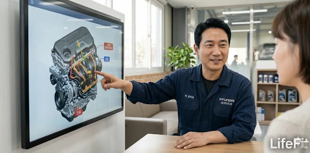 오일 흐름도를 보며 최적의 자동차 오일 교환 방법 설명을 듣는 모습