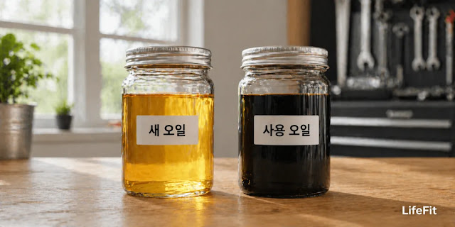 오염 정도를 파악하기 위해 오일의 색상 변화를 비교하는 모습 신유와 폐유를 대조하여 엔진오일 색깔 판별을 진행하는 모습