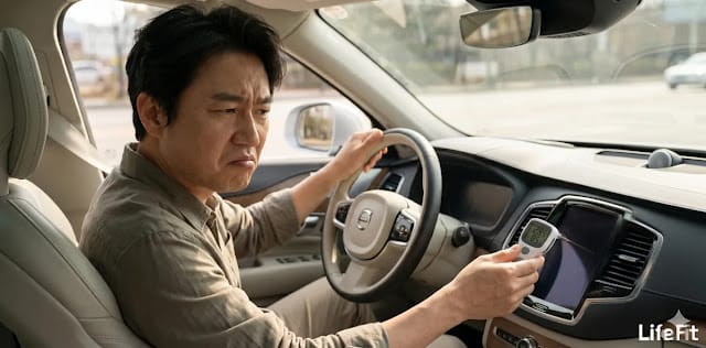냉방 성능 저하를 해결하려 실내 온도를 직접 체크하는 모습 송풍구 온도 측정을 통해 자동차 에어컨 컴프레셔 고장을 진단하는 모습
