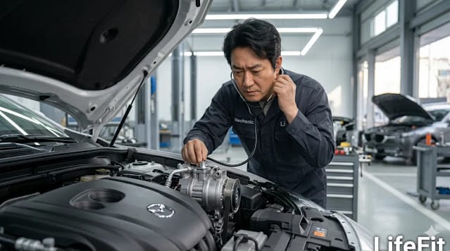 이상 소음 종류에 따라 기계적 결함 부위를 찾아내는 모습 에어컨 컴프레셔 소음 원인을 파악하려 엔진 청진기를 사용하는 모습