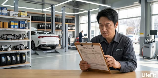 정비소 공임비에 따라 수리 예산을 효율적으로 세우는 모습 컴프레셔 교체 비용 견적을 확인하며 합리적인 수리비를 비교하는 모습