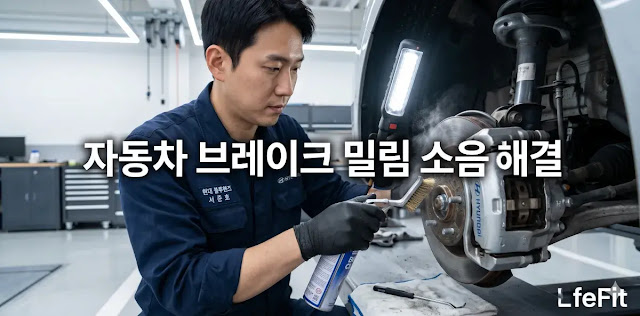 제동 성능 저하를 방지하기 위해 캘리퍼 가이드 핀을 정비하는 모습 브레이크 캘리퍼 고착을 예방하고자 전용 구리스로 윤활 작업을 하는 모습